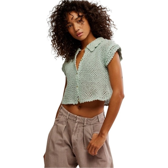 Free People Tops - Free People Lily Crochet Cropped Spread Collar Button Down Top Aqua Blue XS